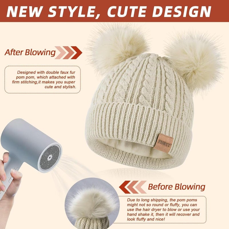 FISFET Beanies Women with Double Pom Pom, Winter Hats for Women Cold Weather Warm Knit Fleece Lined, Cute Beanie Cap - Image 5